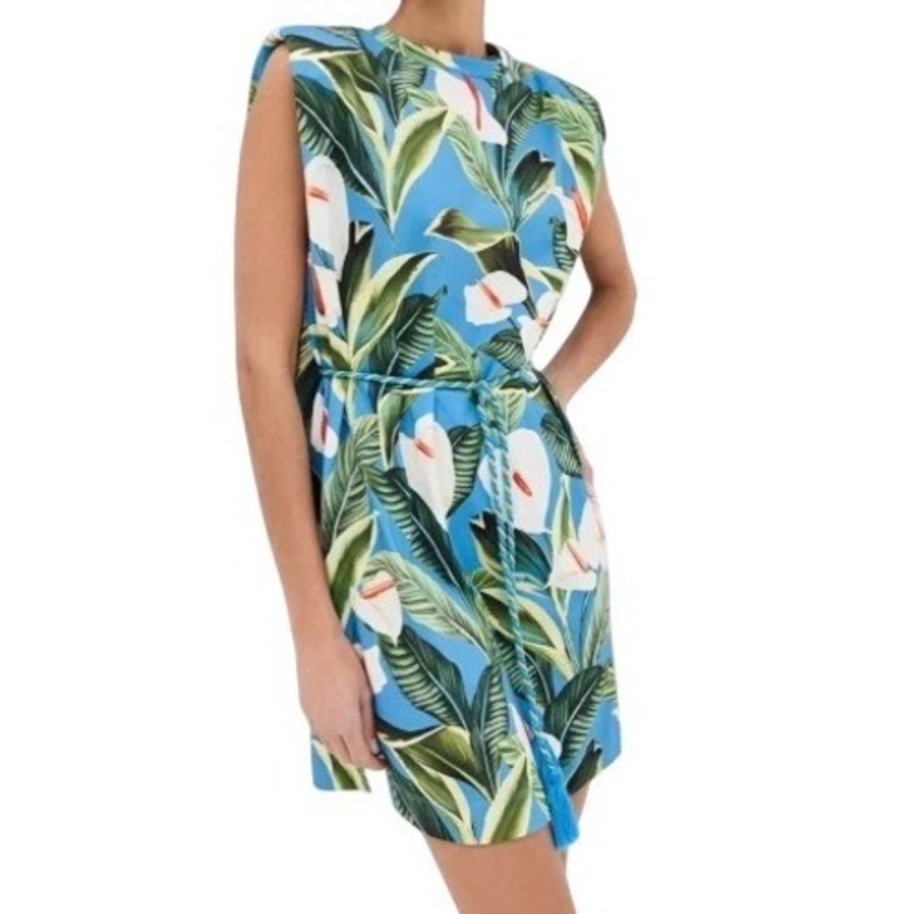 Farm Rio Womens M Blue Anthurium Garden Organic Cotton Mini T Shirt Dress NWT